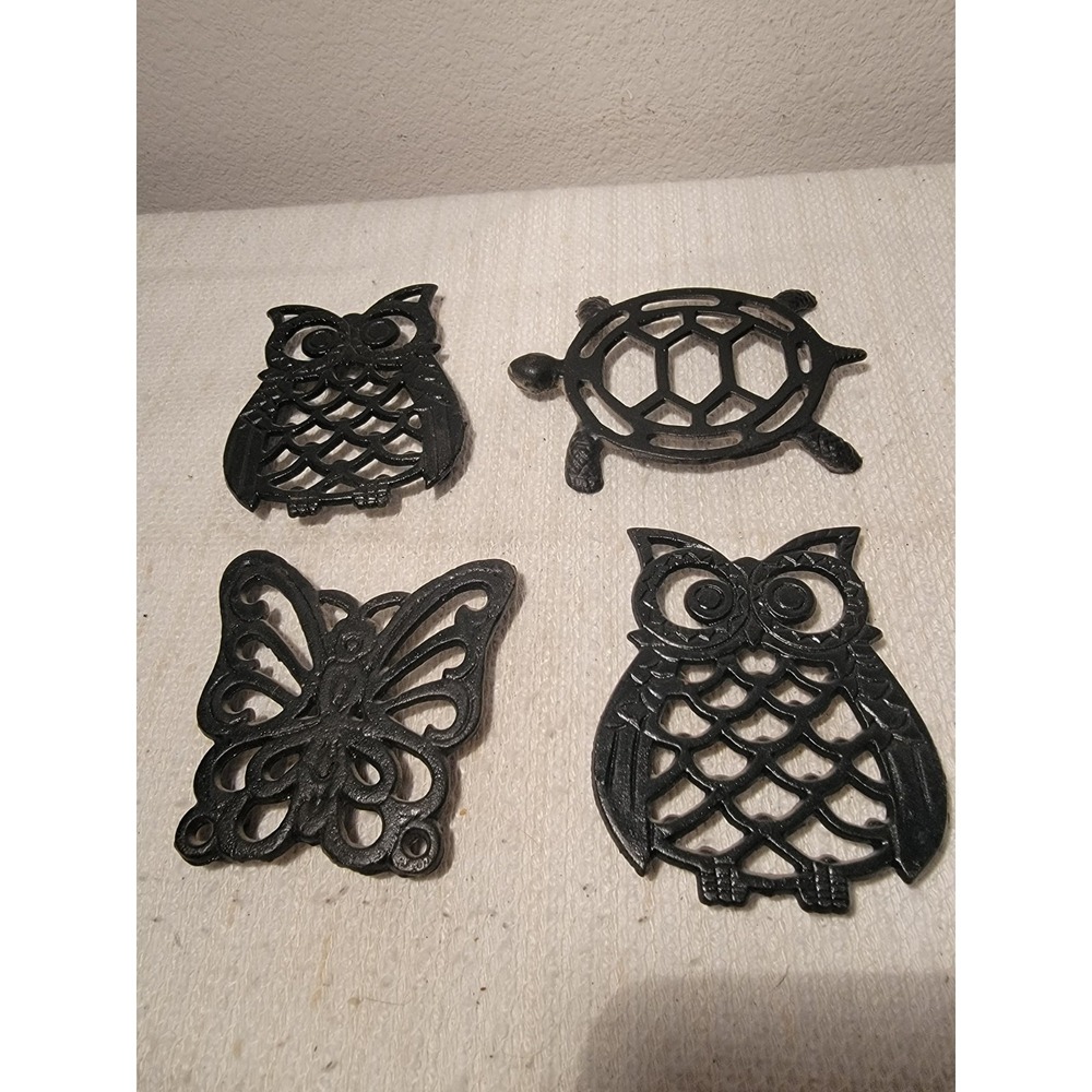 Vintage Cast Iron Trivets‎ Owl Turtle Butterfly Set Lot Of 4 Taiwan